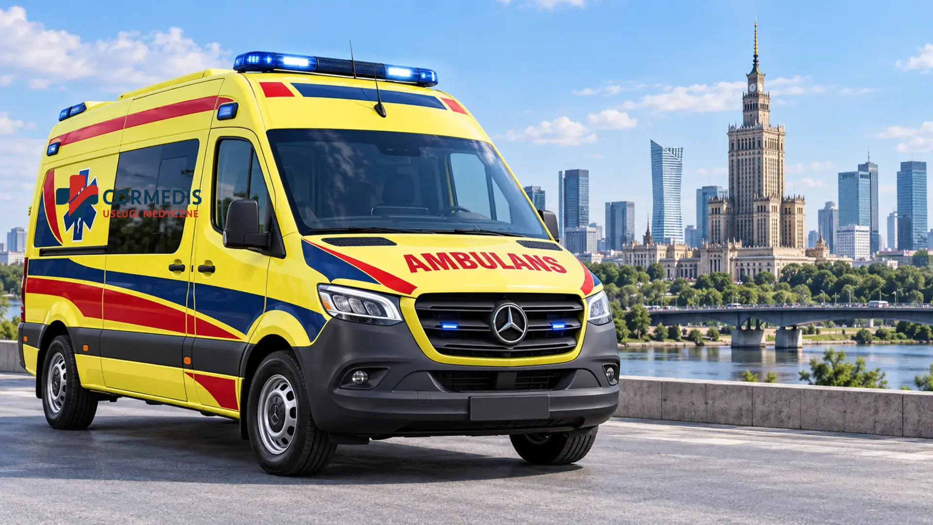 Żółty ambulans Cormedis na tle Warszawy